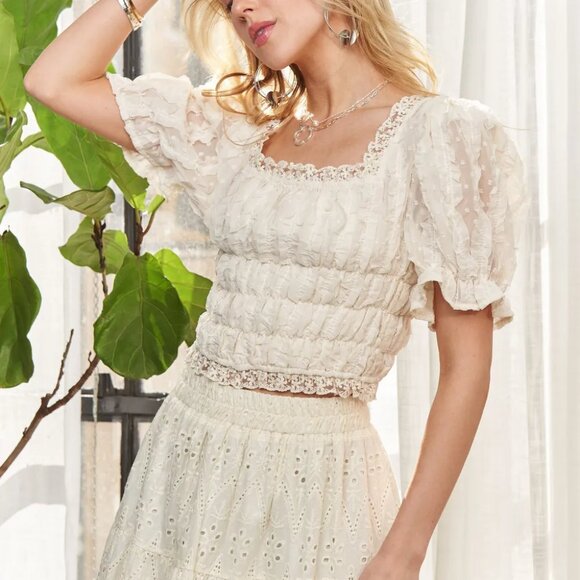 ADORA Lace Smocked Waist Peasant Top - Picture 13 of 16